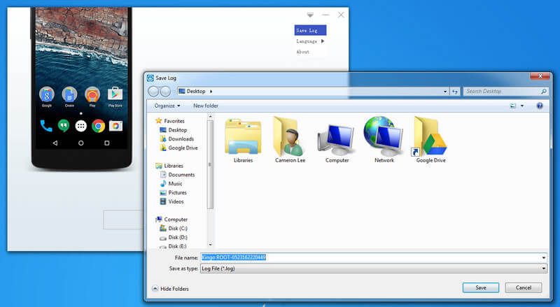Save log of KingoRoot Android (PC Version) to your computer