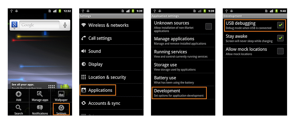How to enable usb debugging mode on android 2.0?