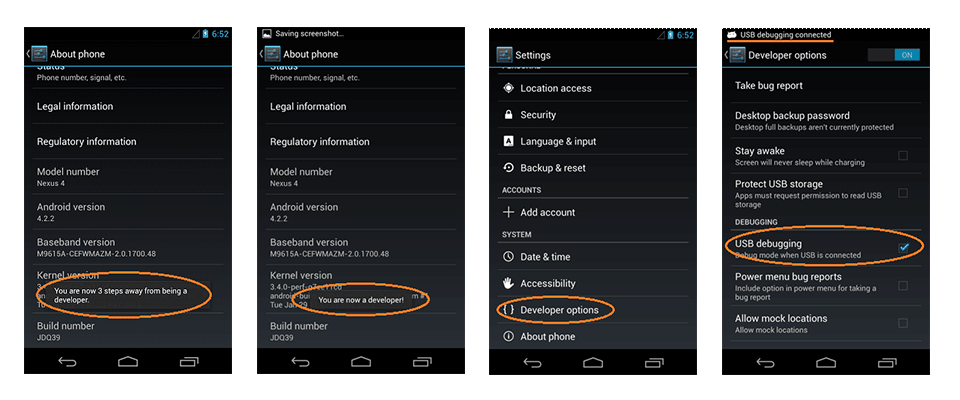 How to enable usb debugging mode on android 4.2.x and higher?