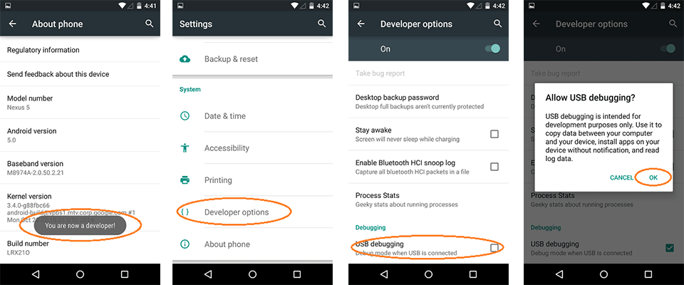 How to enable usb debugging mode on android 4.2.x and higher?